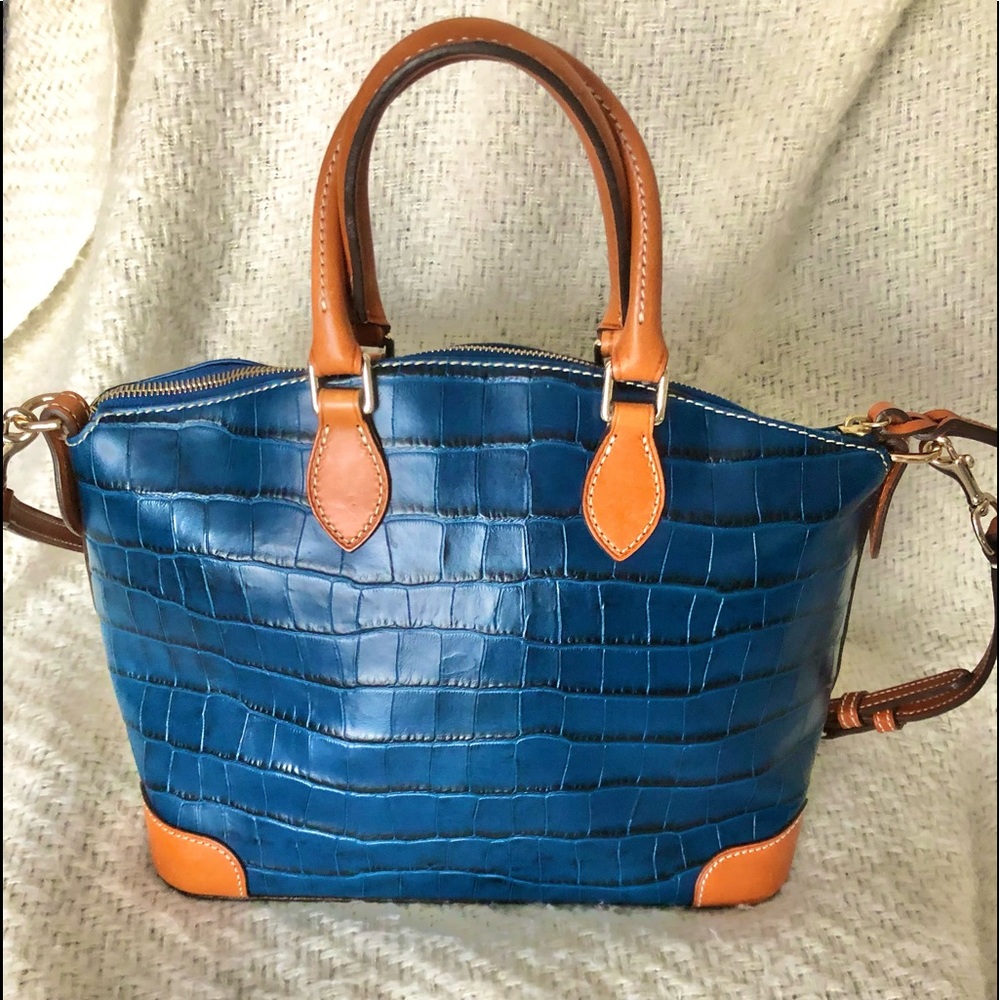 Dooney & Bourke Navy Croc Embossed Satchel with Tan Trim - Picture 4 of 16